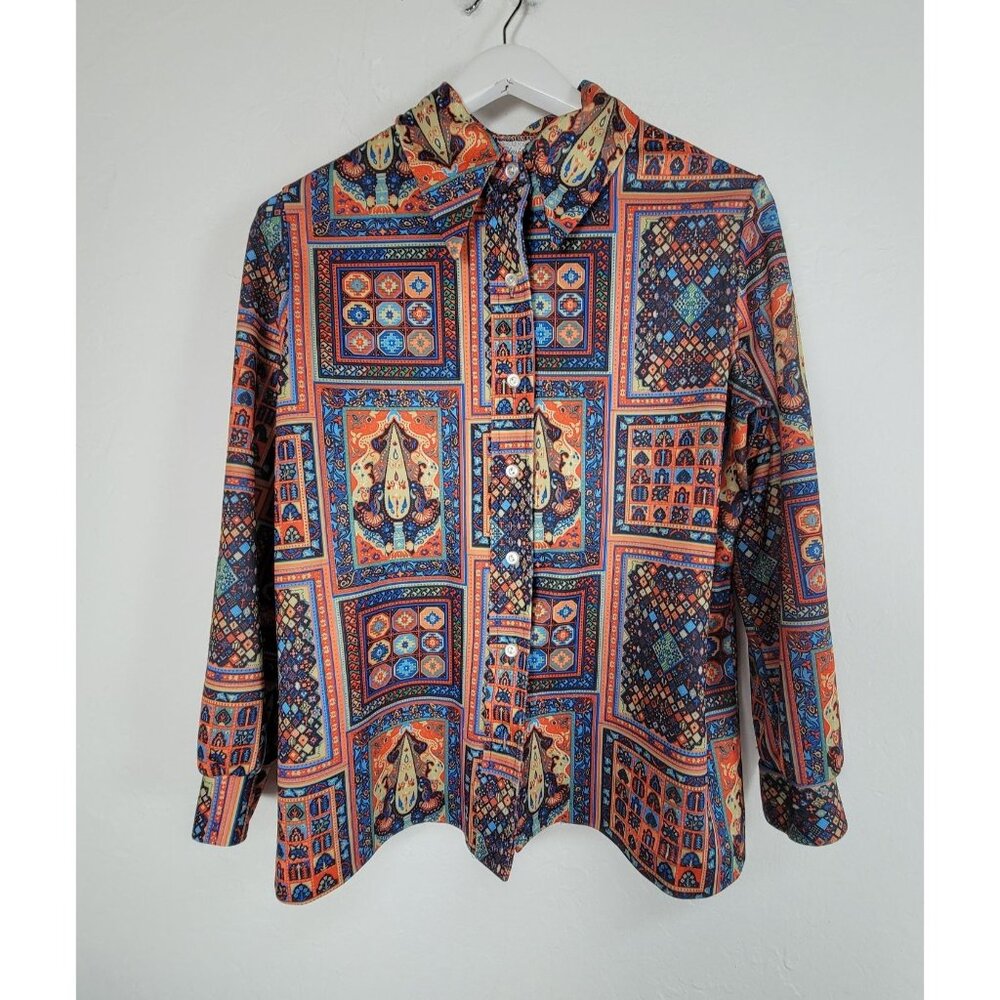 70s Vintage NPC Fashions Womens Multicolor Moorish Paisley Button Down Shirt Top